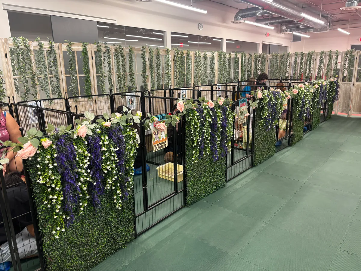 The bunny enclosure decorated with flowers and greenery