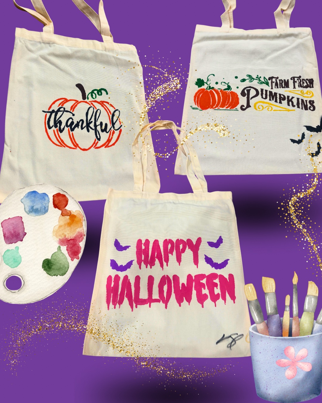 Hand-painted seasonal canvas tote designs — Thankful, Farm Fresh Pumpkins, and Happy Halloween