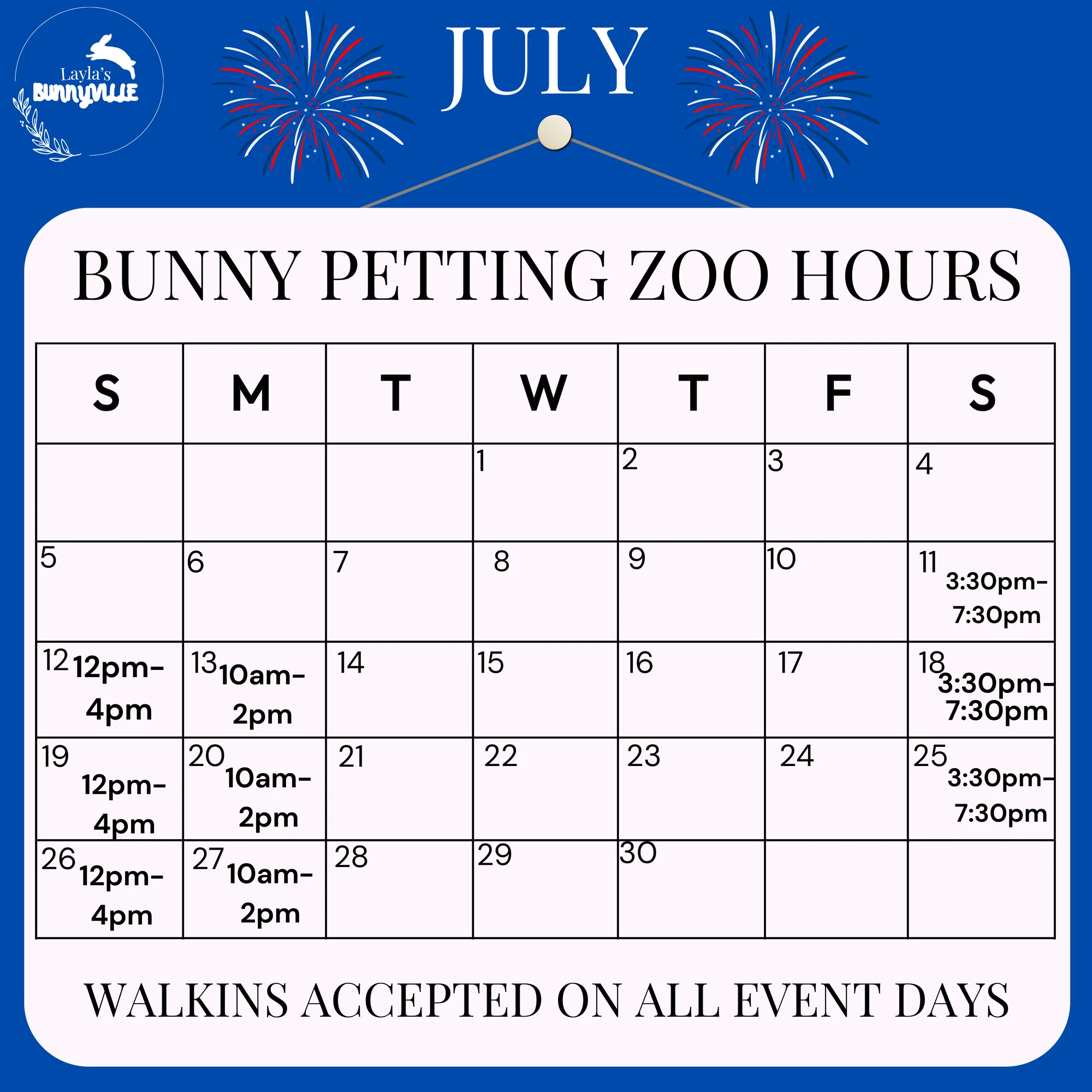 July 2026 Bunnyville schedule